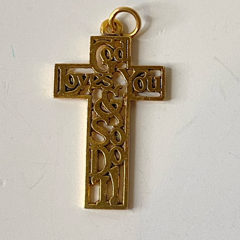 Vintage 70s gold tone cross pendant “God loves you and so do I” inspirational